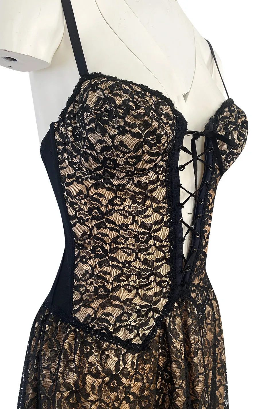 1950s Black Lace Over Nude Stretch Jersey Front Lace Lingerie Under Dress Slip