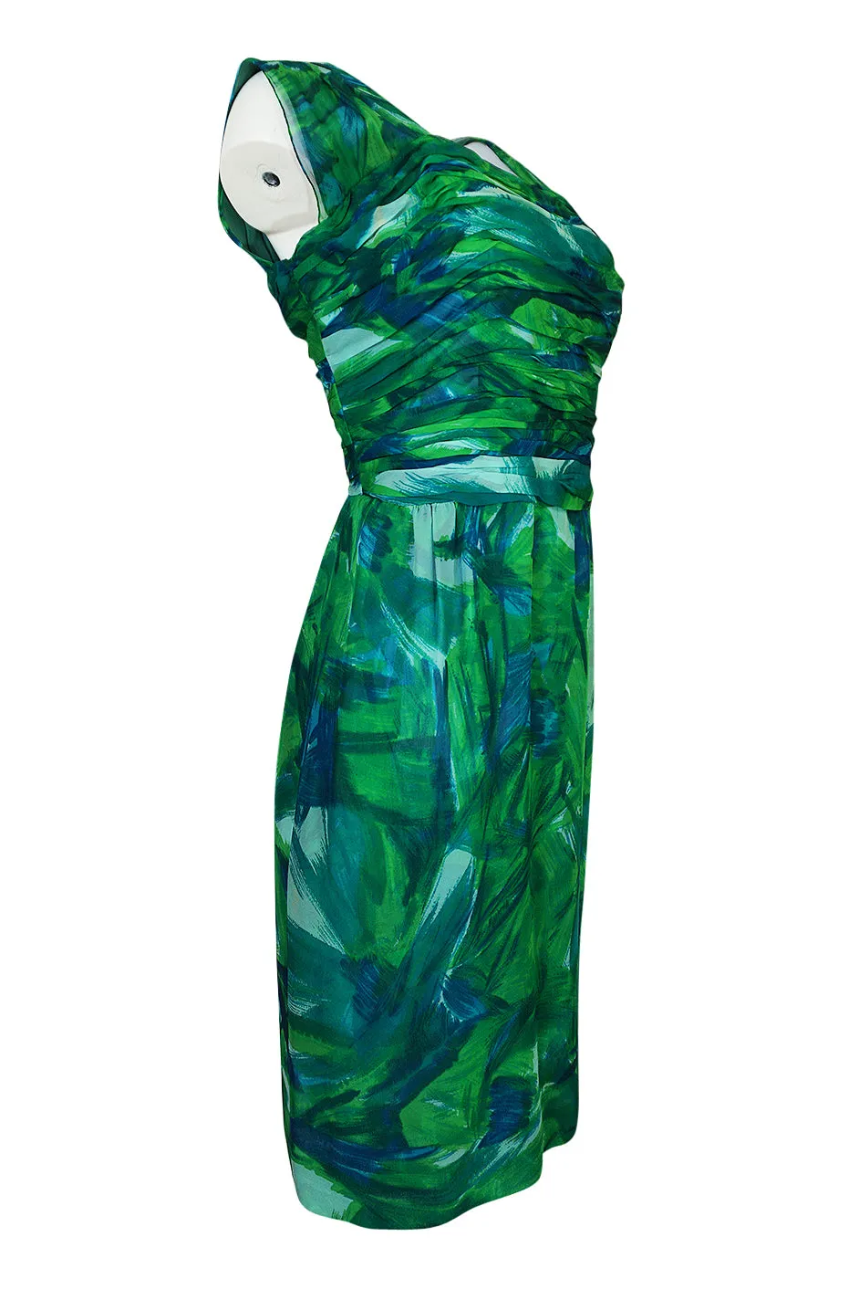 1950s Lord & Taylor Silk Chiffon Green Print Hawaiian Dress