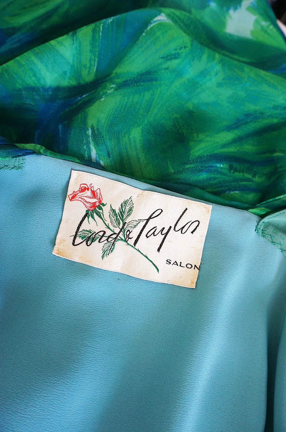 1950s Lord & Taylor Silk Chiffon Green Print Hawaiian Dress