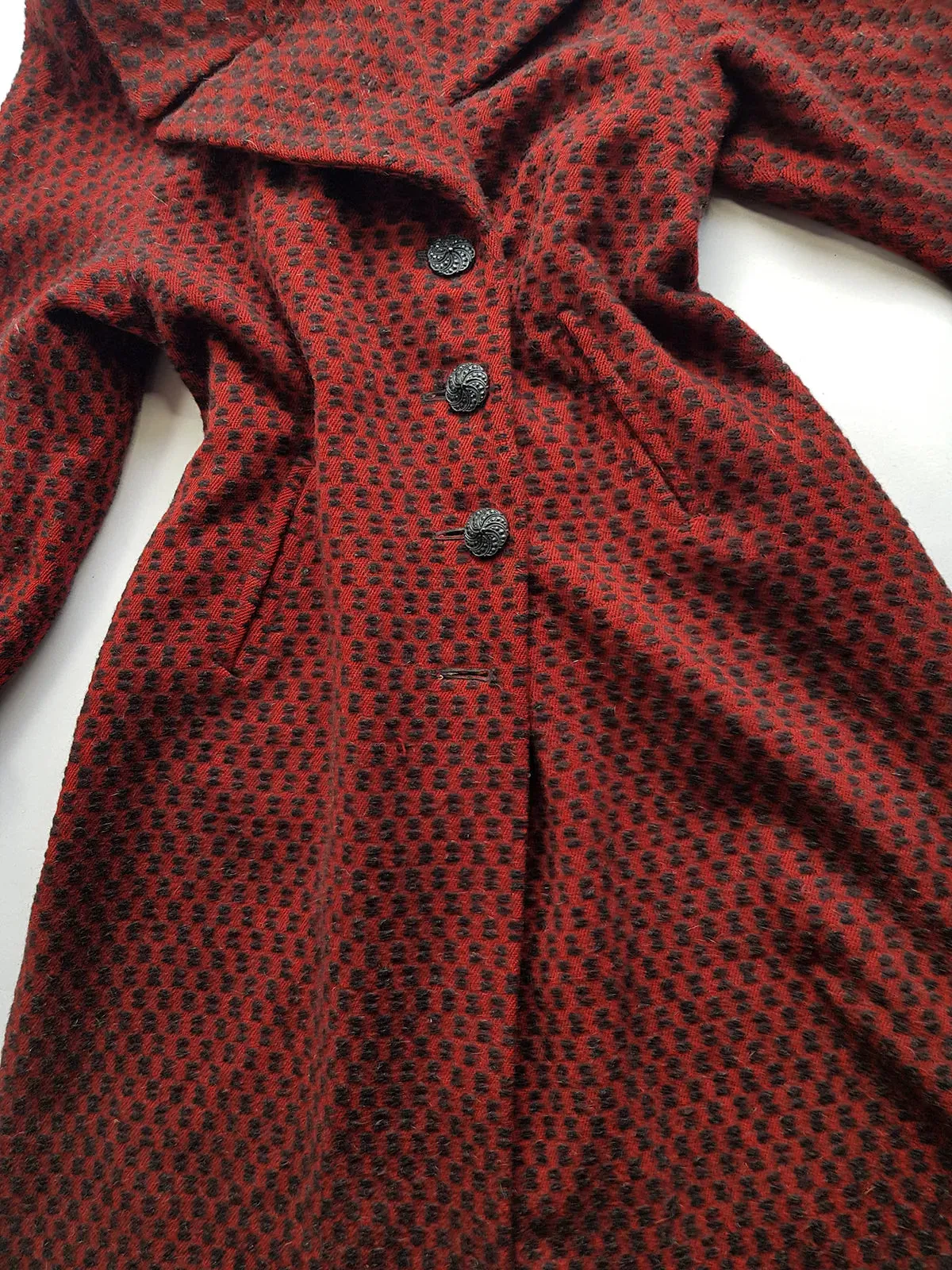 1950s Vintage Wool Princess Hourglass Coat in Incredible Deep Red & Black - Ornate Buttons - Knee Length - Immaculate Tailoring