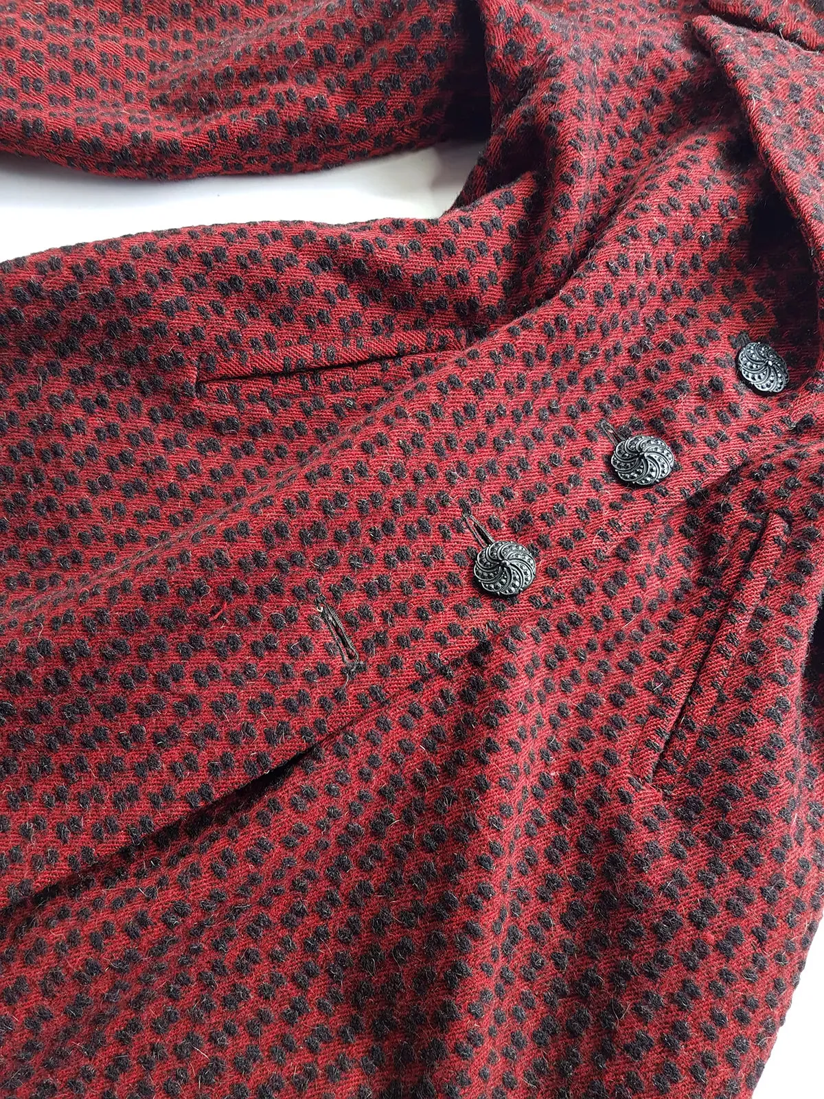 1950s Vintage Wool Princess Hourglass Coat in Incredible Deep Red & Black - Ornate Buttons - Knee Length - Immaculate Tailoring