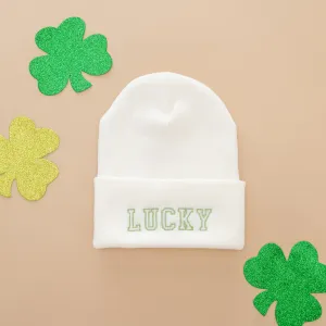 Adult Beanie - LUCKY - Cream w/ Green