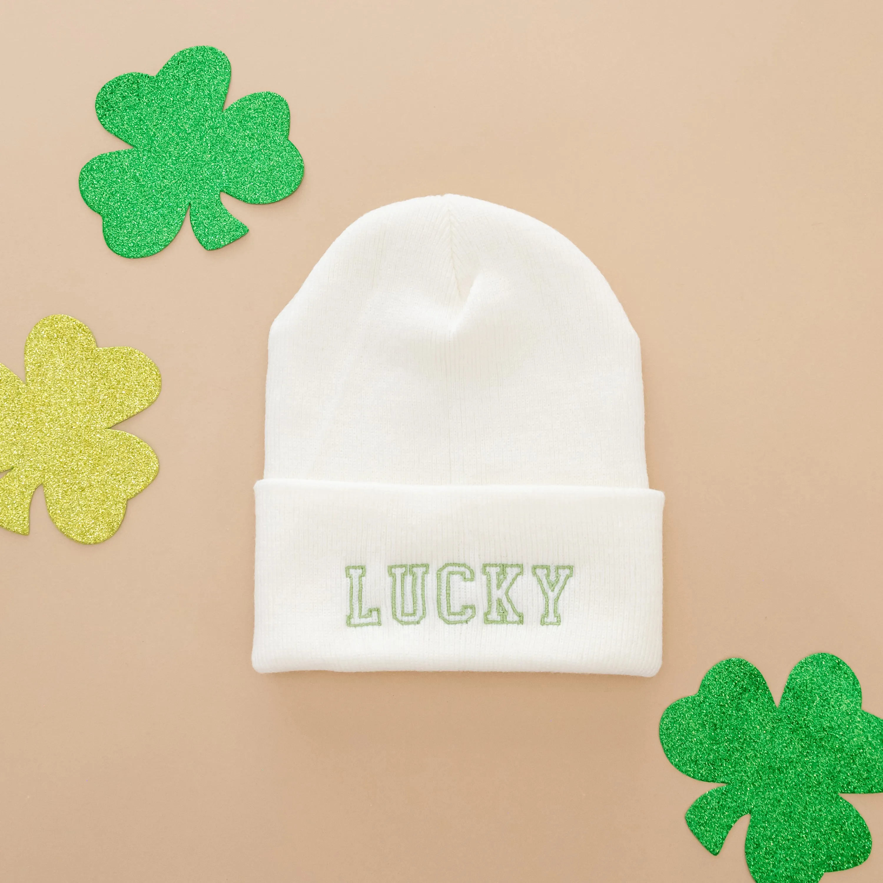 Adult Beanie - LUCKY - Cream w/ Green