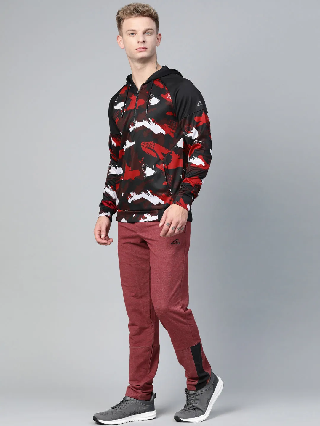 Alcis Men Black Red Printed Hooded Sweatshirt