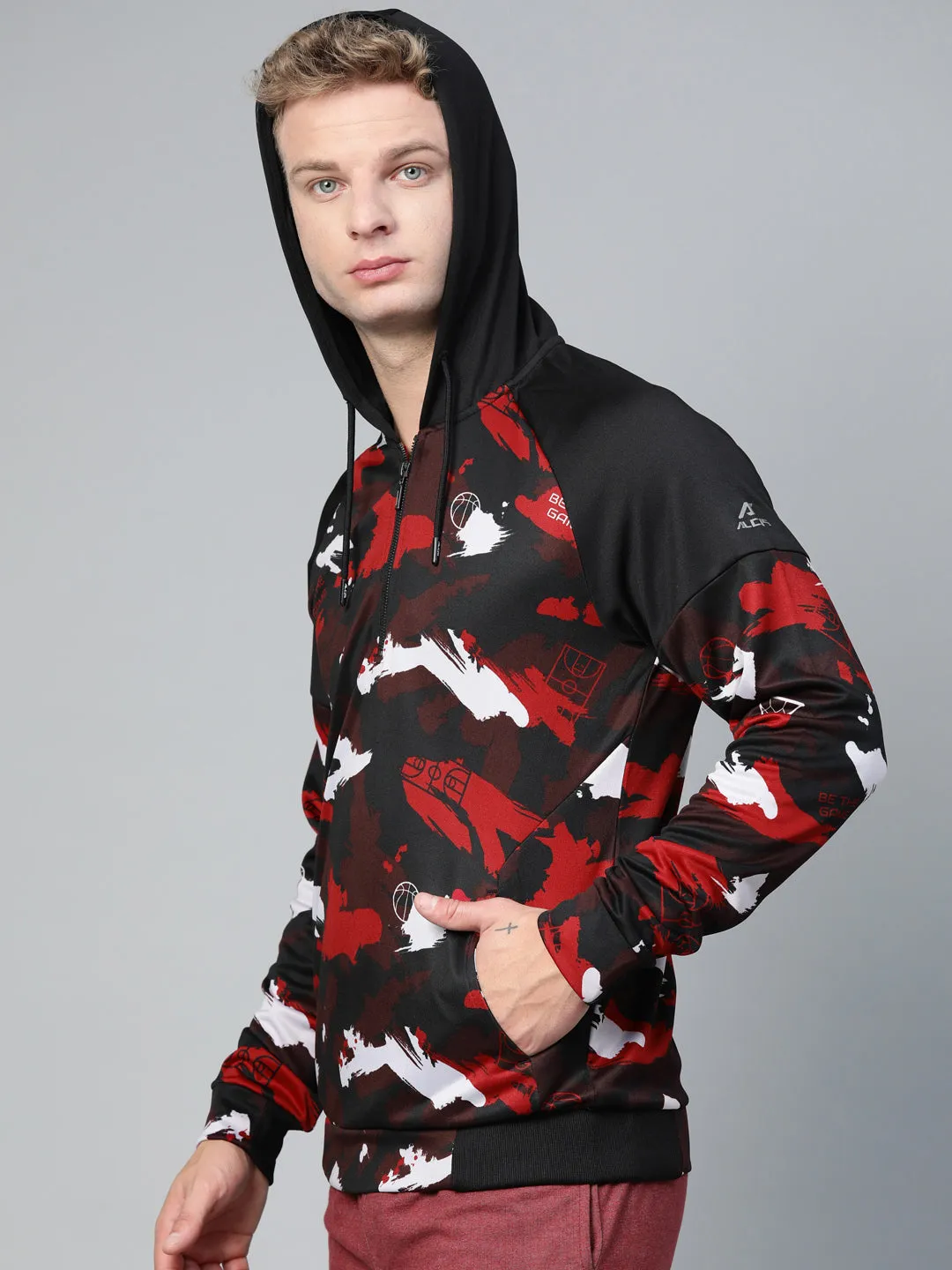 Alcis Men Black Red Printed Hooded Sweatshirt