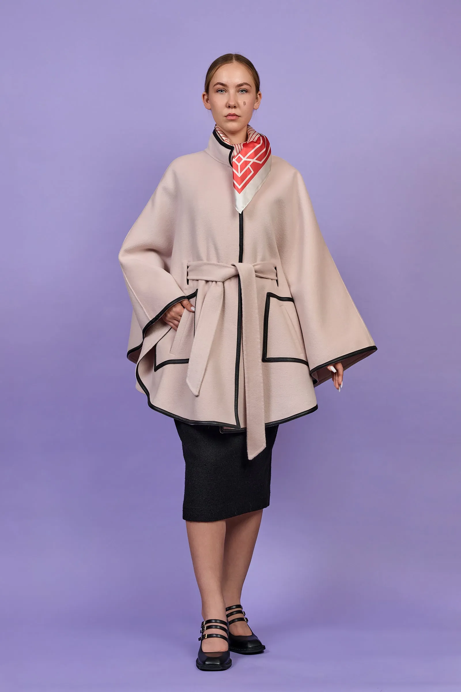 ALICE Blush Ivory Cape Coat in Virgin Wool Cashmere Black Leather