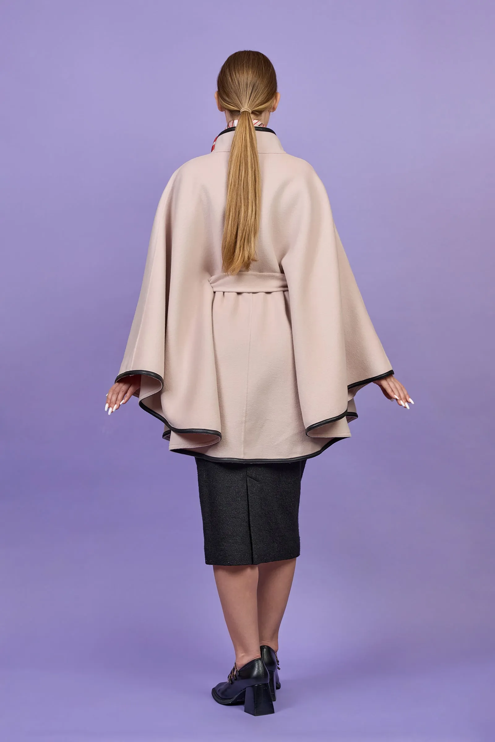 ALICE Blush Ivory Cape Coat in Virgin Wool Cashmere Black Leather