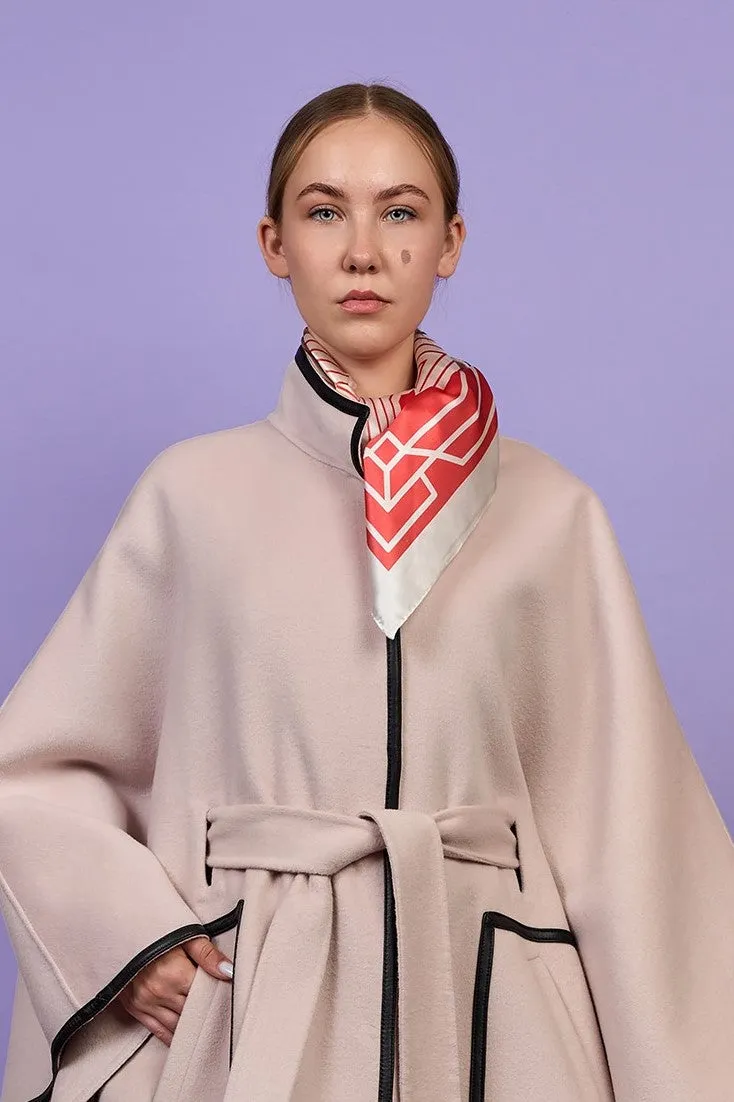 ALICE Blush Ivory Cape Coat in Virgin Wool Cashmere Black Leather