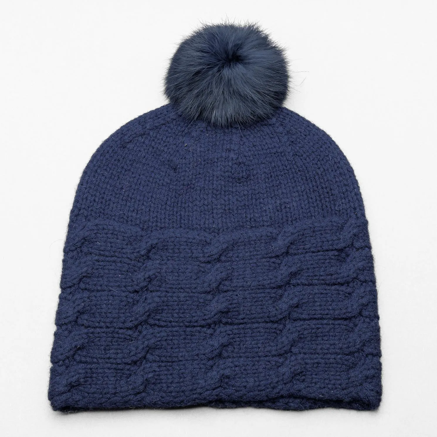 ALL SET!  100% Pure Wool Fancy Cable Beanie (convertible) - Dark Denim Blue