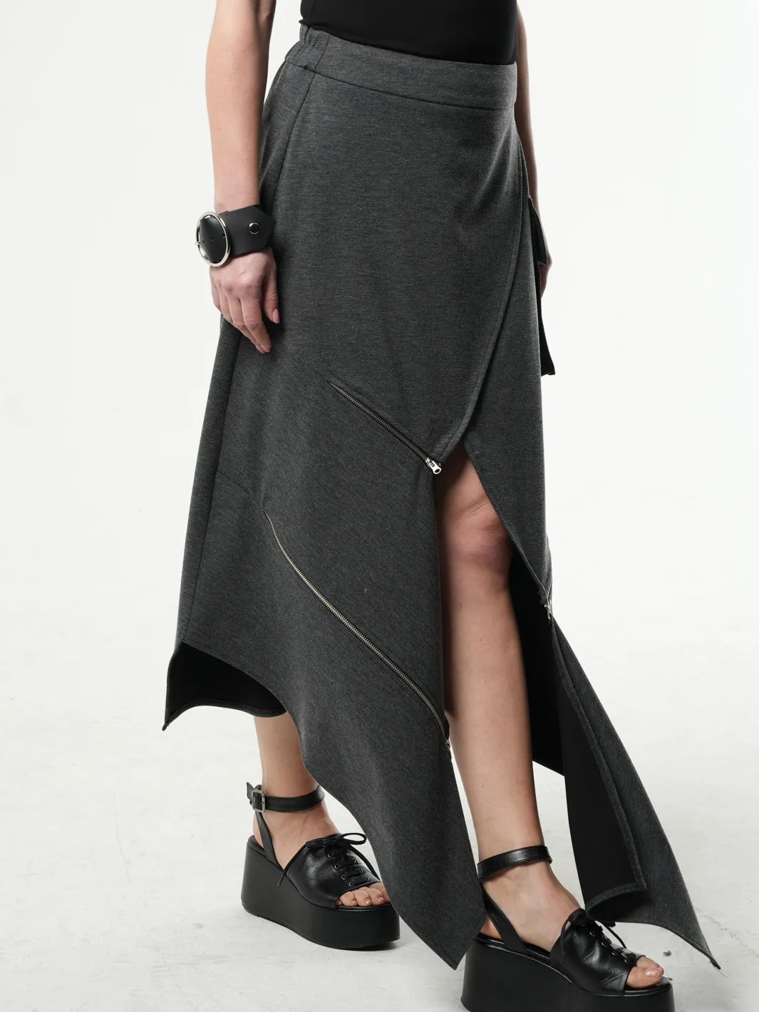 Asymmetric Gray Long Skirt with Zippers