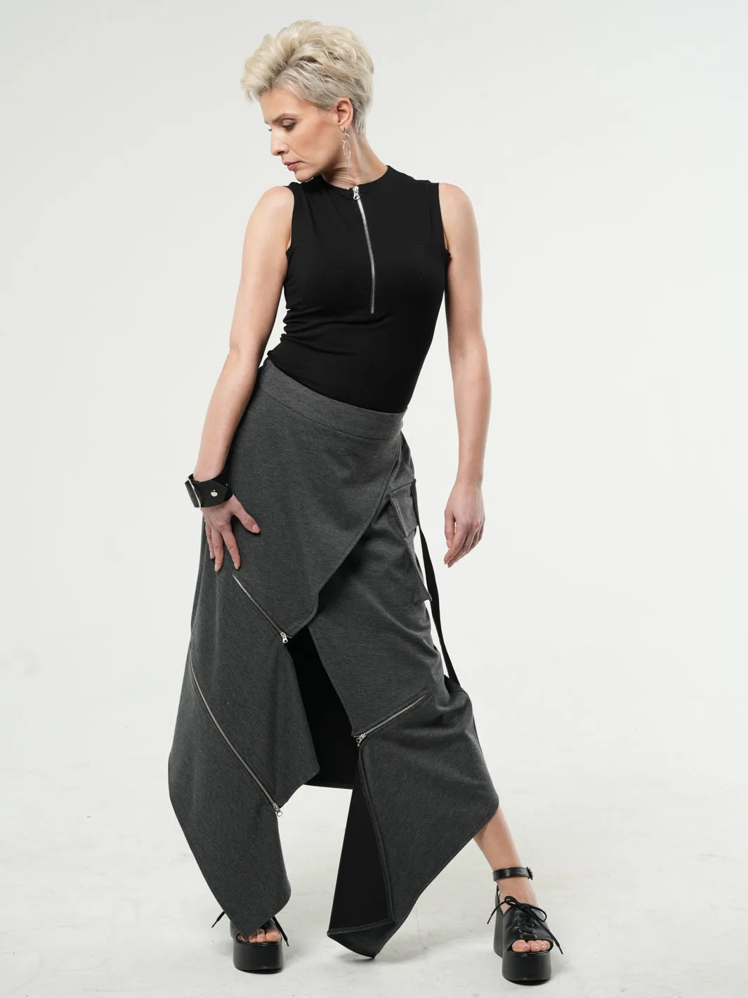 Asymmetric Gray Long Skirt with Zippers