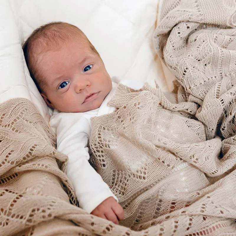 Baby Blanket Shawl Patchwork  Lace Knit 'Light Brown'