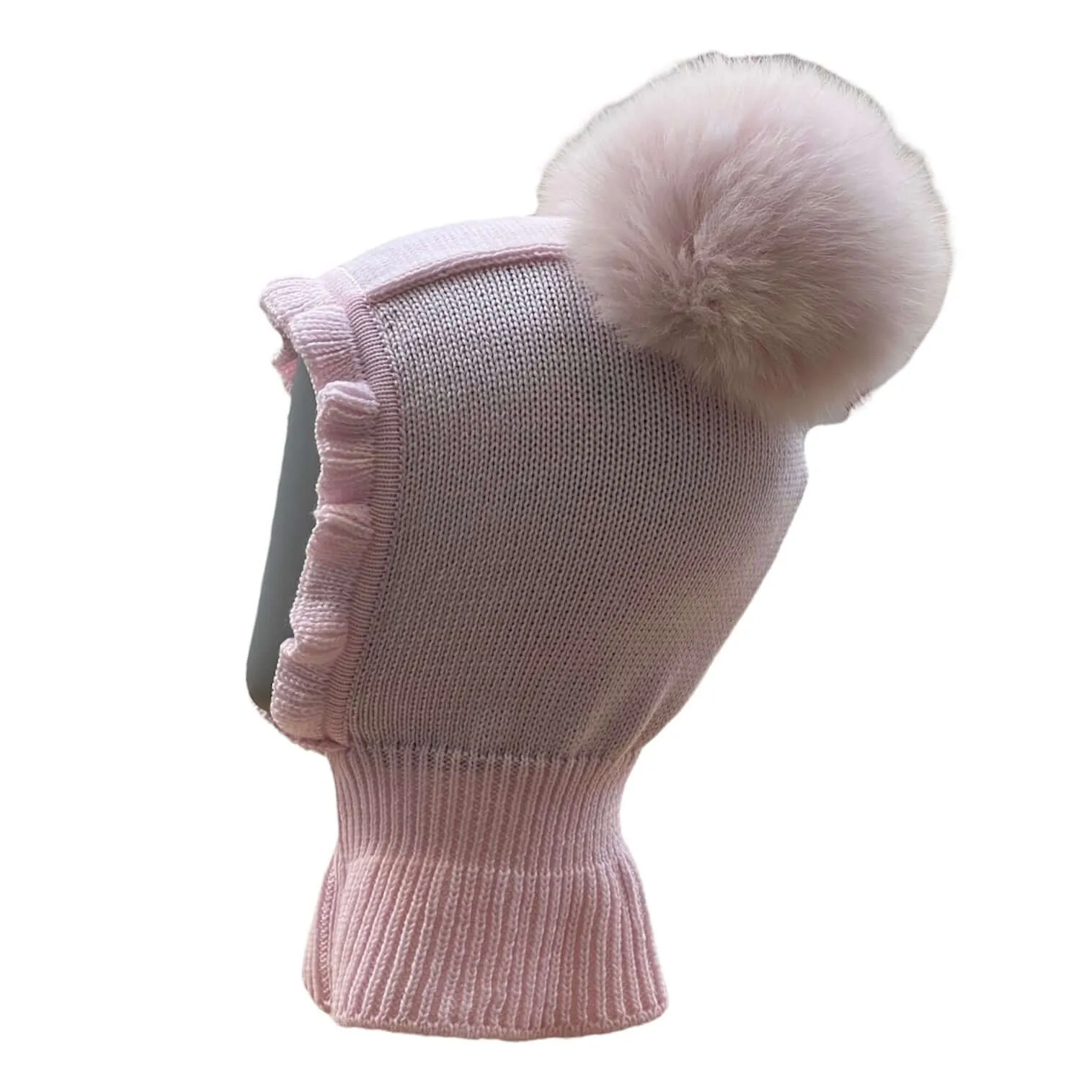 Baby Pink Merino Wool Balaclava Style Fur Pom Pom Hat