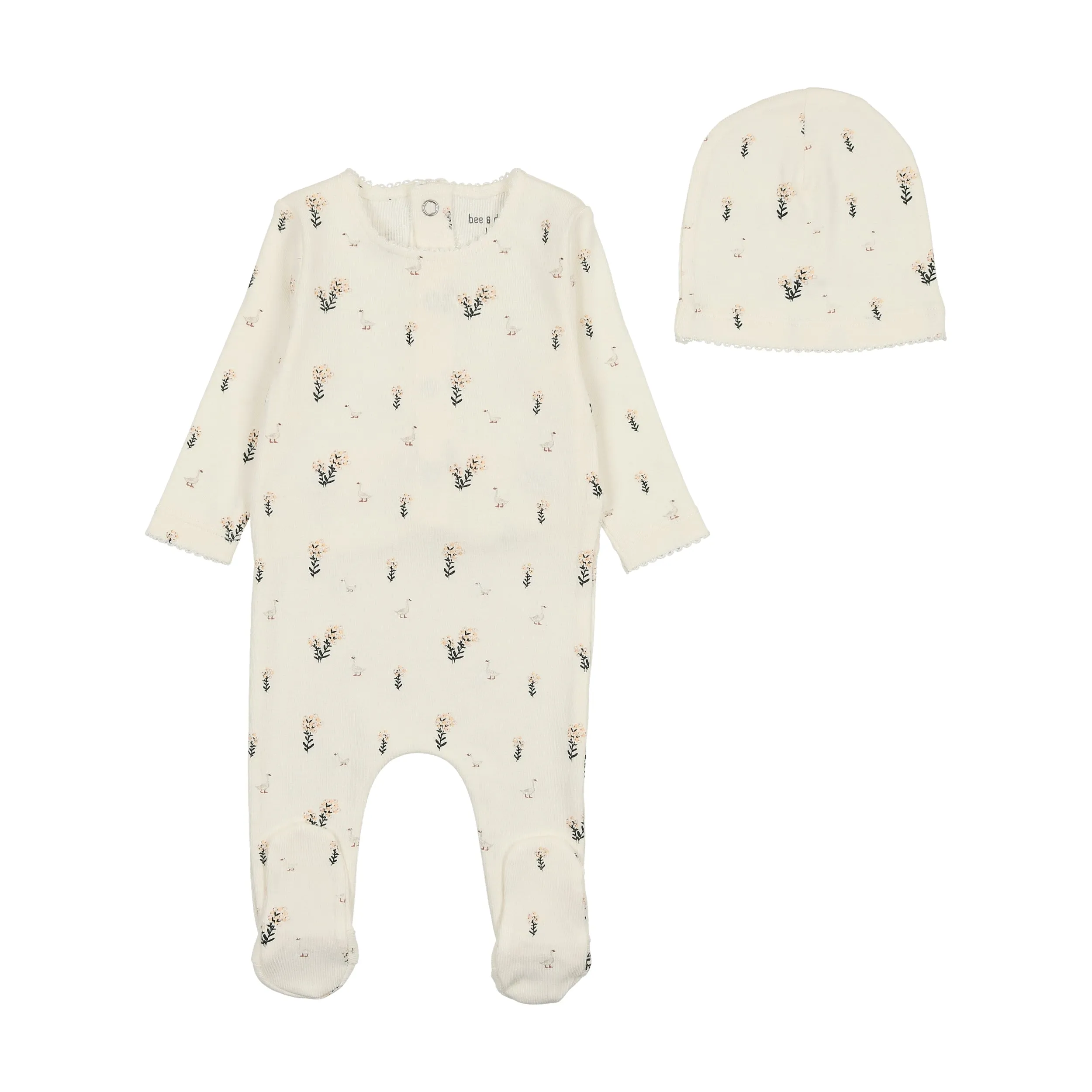 Bee & Dee Ivory Girls Swan Print Collection Footie with Beanie