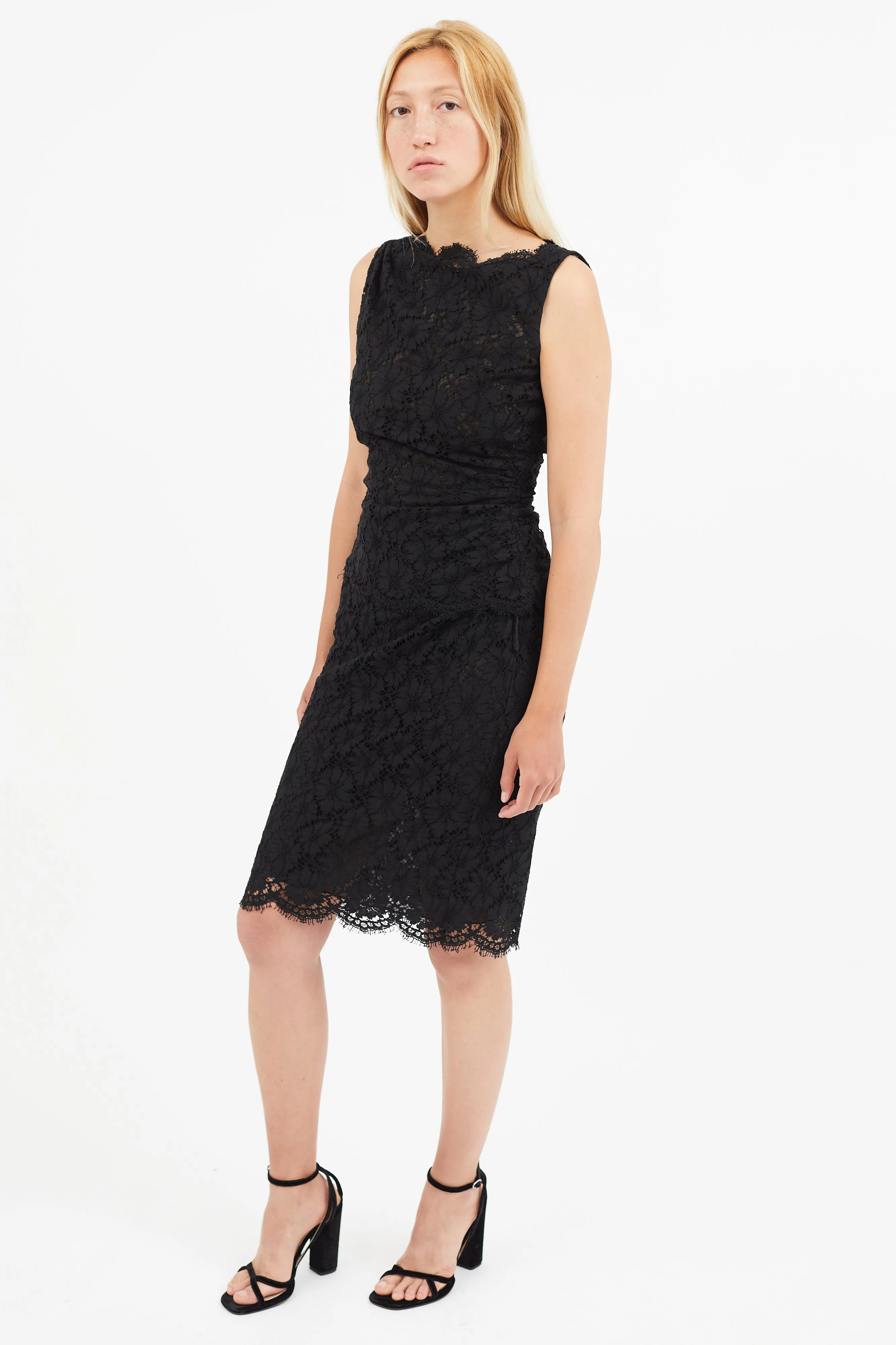 Black Eyelet Lace Ruched Top & Skirt Co-Ord Set