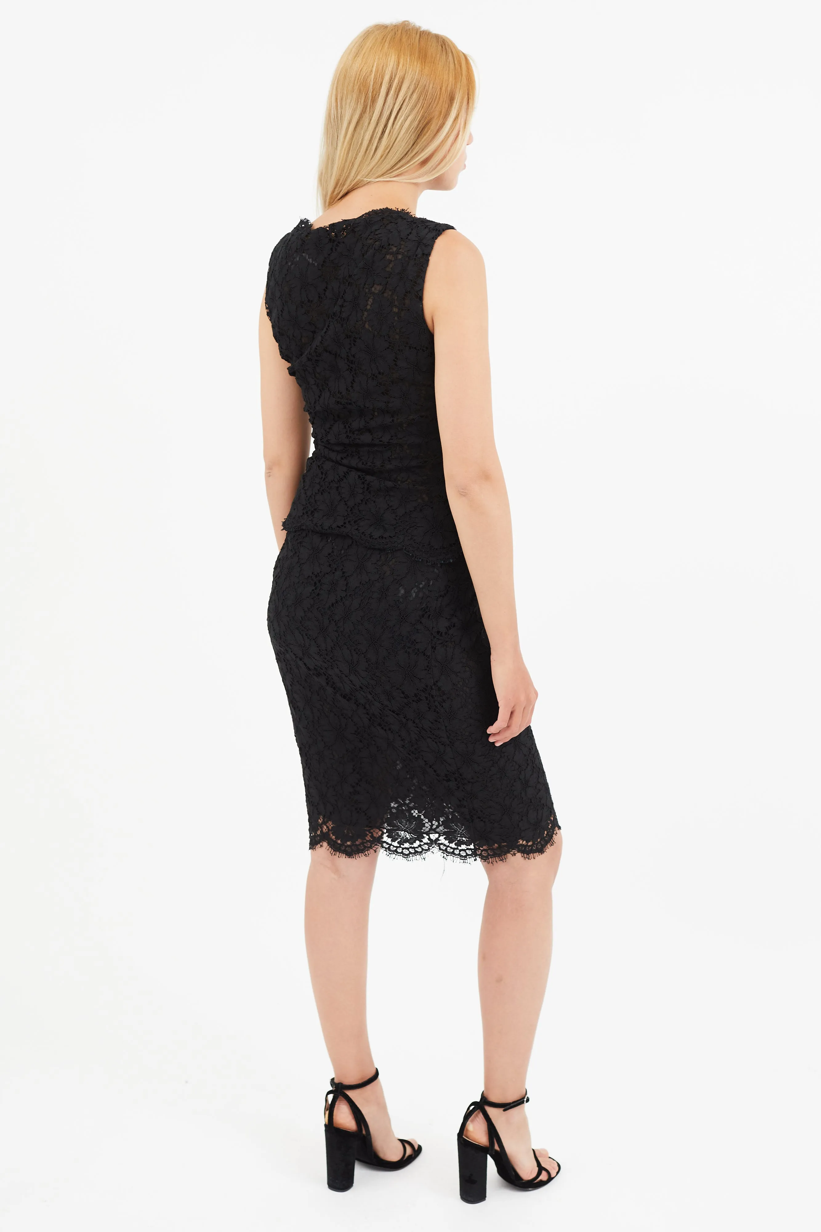 Black Eyelet Lace Ruched Top & Skirt Co-Ord Set