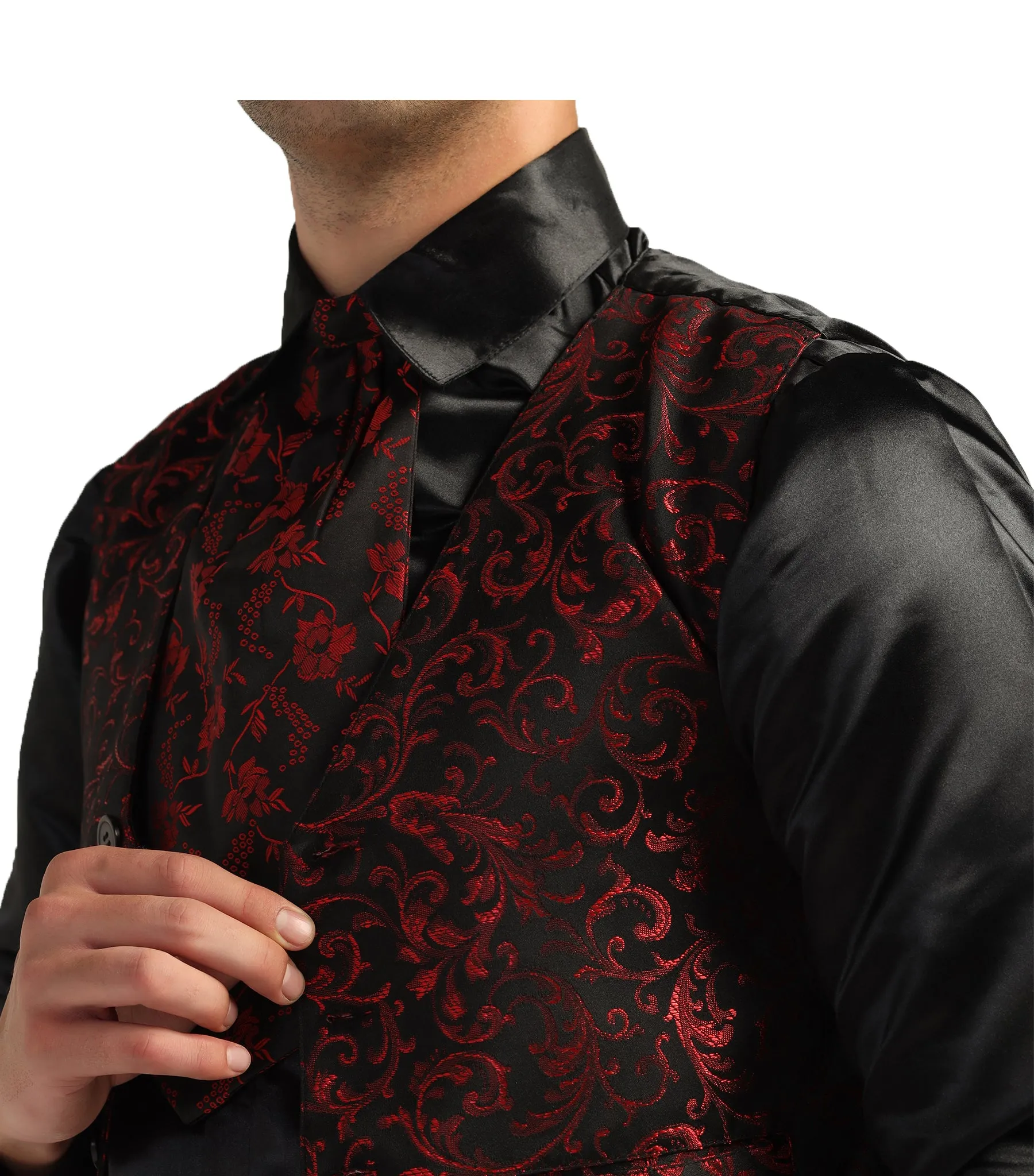 Black Red Brocade Men's Waist Coat