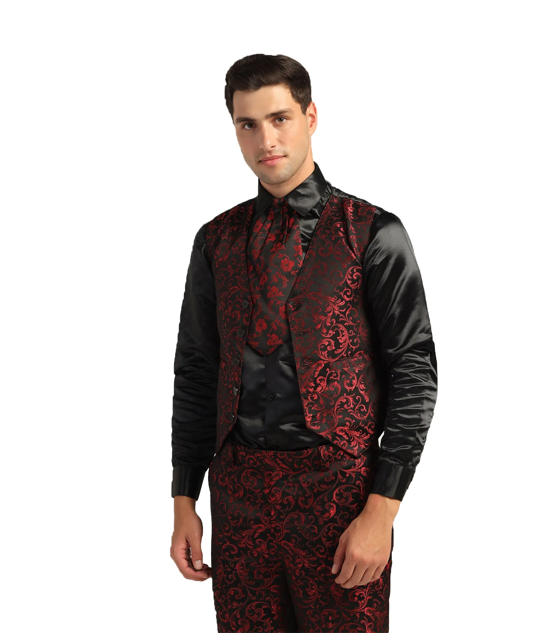 Black Red Brocade Men's Waist Coat