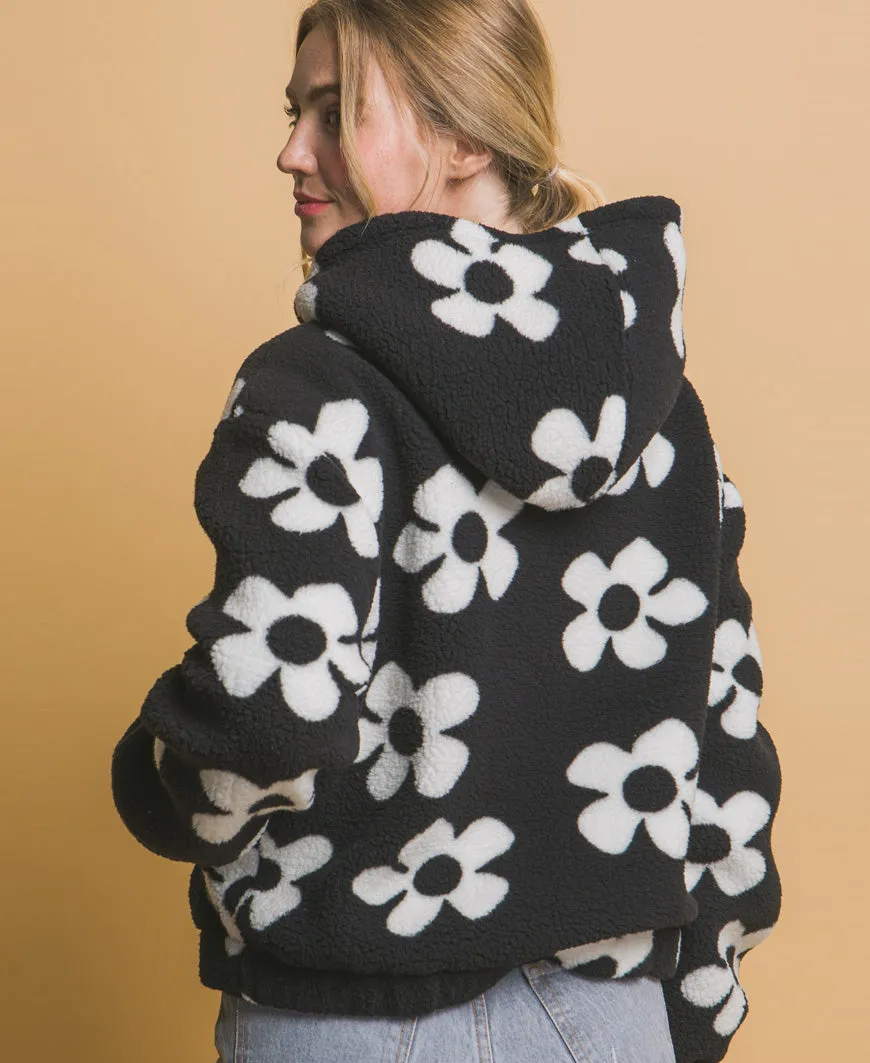 Black Sherpa Fleece Floral Jacket