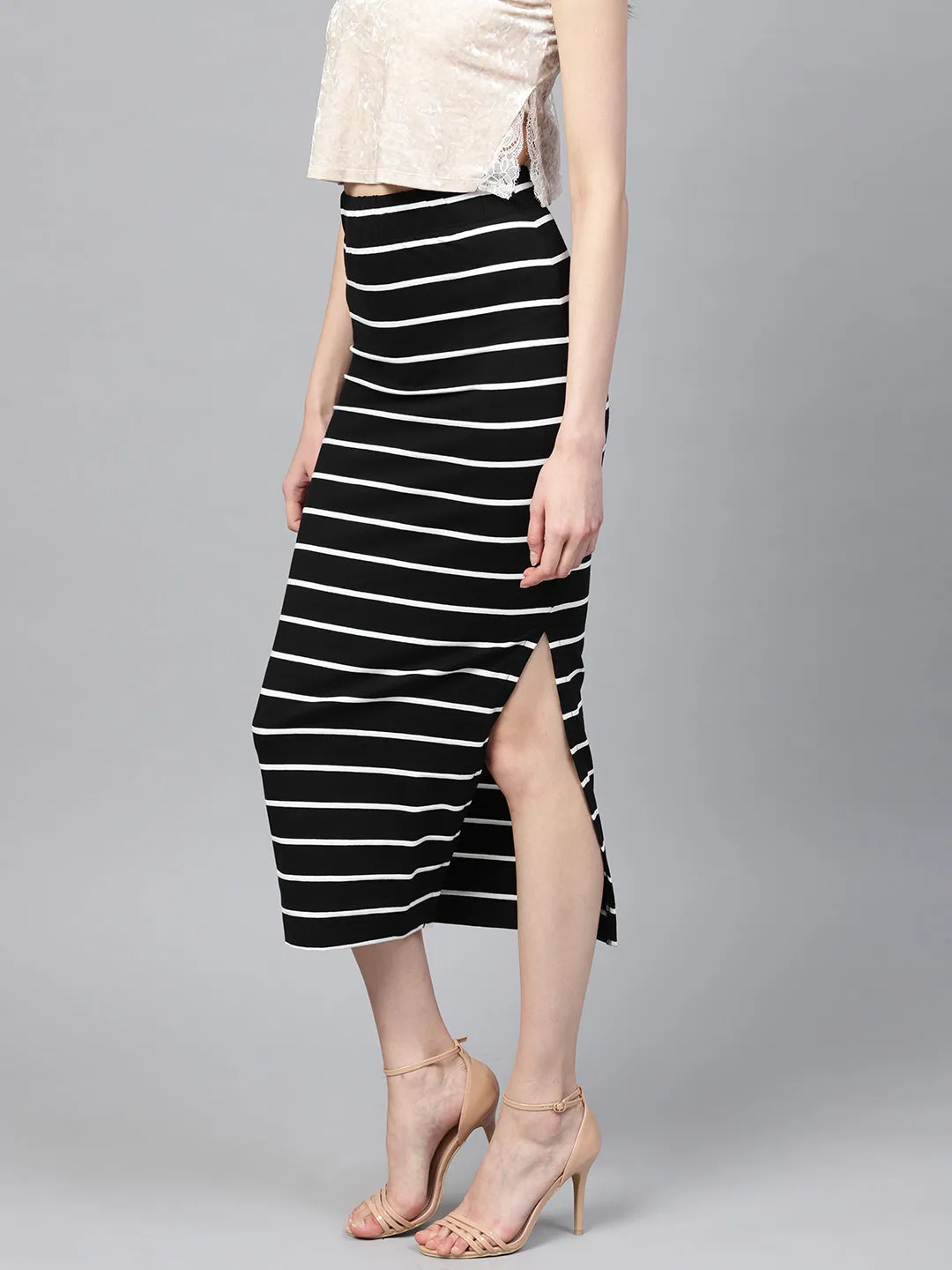 Black White Stripe Maxi Pencil Skirt