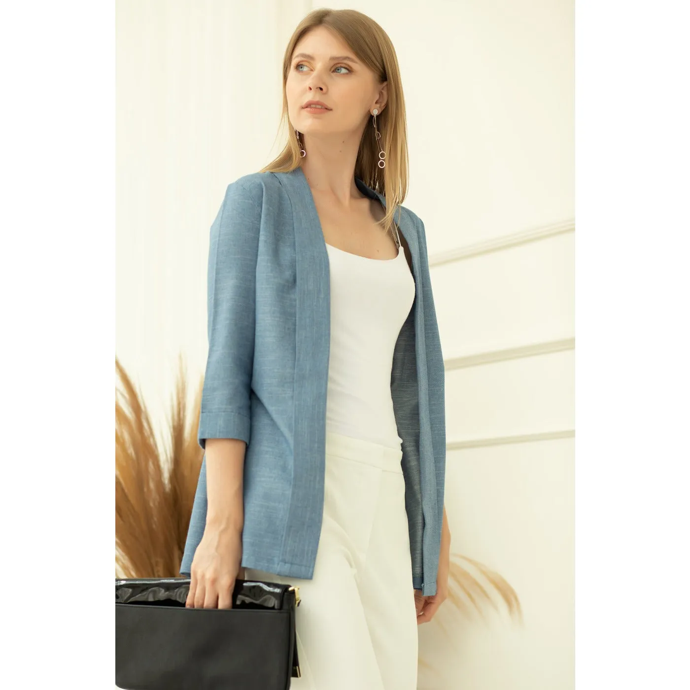 Blue Short Sleeves Shawl Jacket