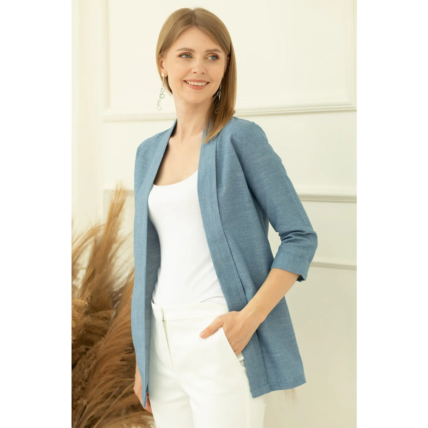 Blue Short Sleeves Shawl Jacket