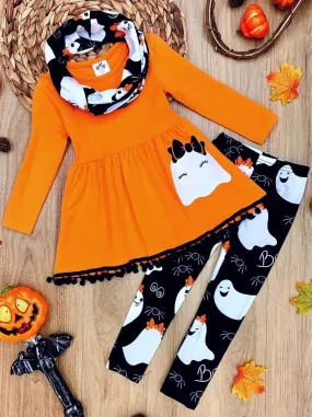 Boo Tribe Long Sleeve Pom Pom Tunic, Leggings and Scarf Set