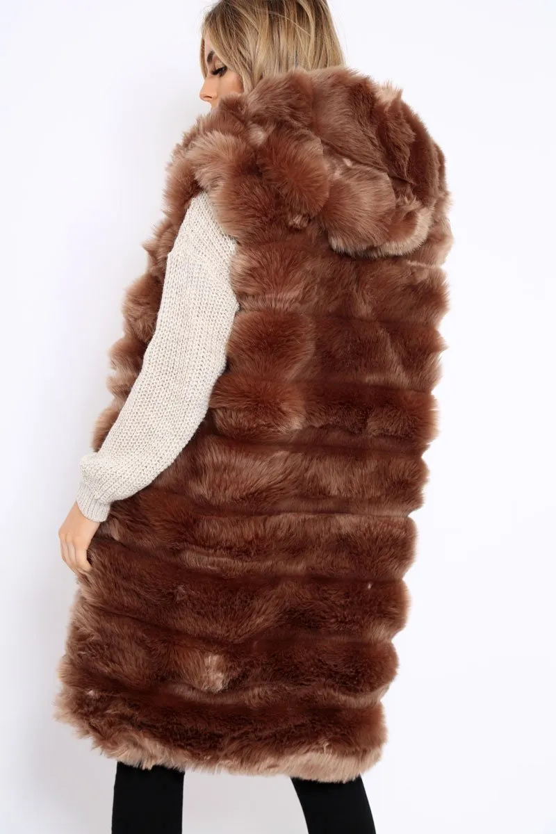 Camel Hooded Faux Fur Gilet - Jadie