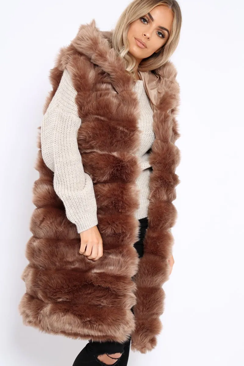 Camel Hooded Faux Fur Gilet - Jadie