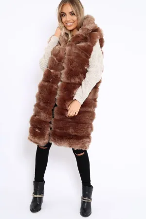 Camel Hooded Faux Fur Gilet - Jadie