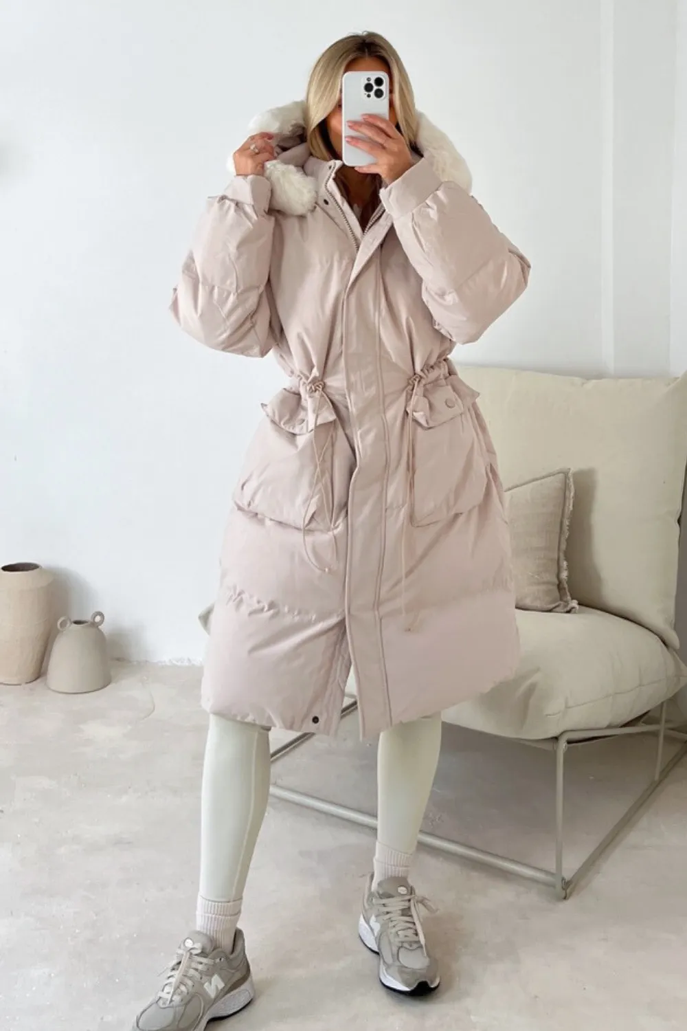 Carrie beige long puffer coat with faux fur hood