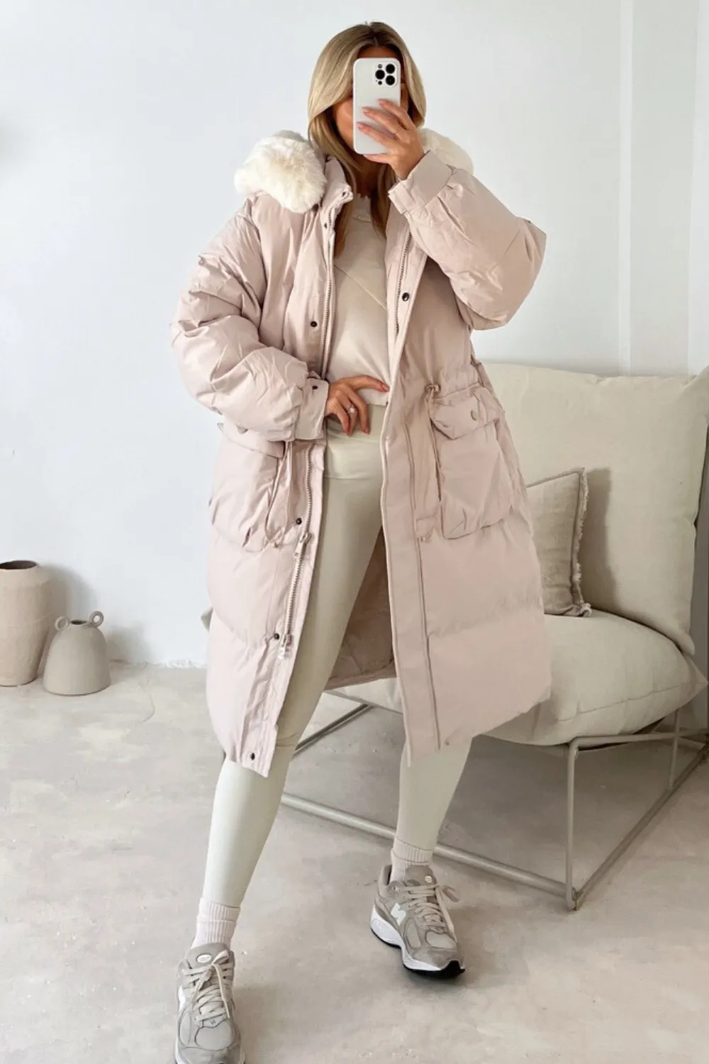 Carrie beige long puffer coat with faux fur hood