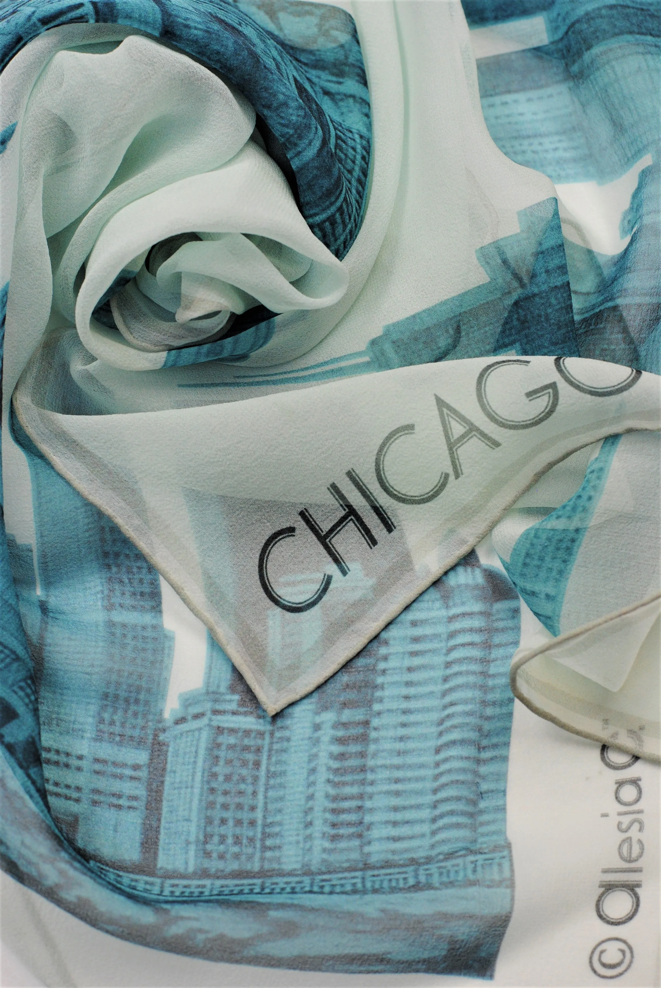 CHICAGO Skyline Designer 100% Silk Georgette Long Rectangle Scarf in Blue White