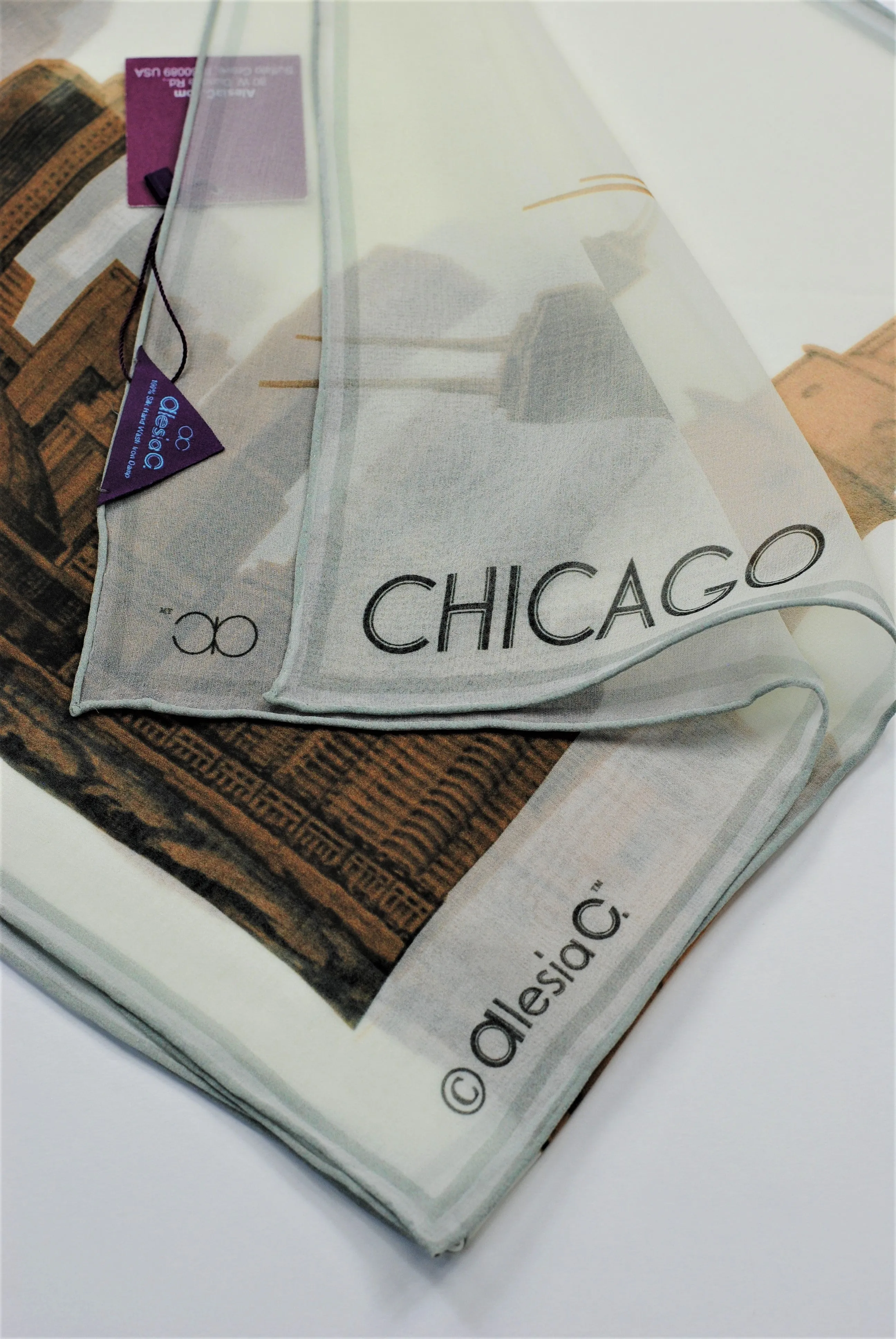 CHICAGO Skyline Designer 100% Silk Georgette Long Rectangle Scarf in Gold White