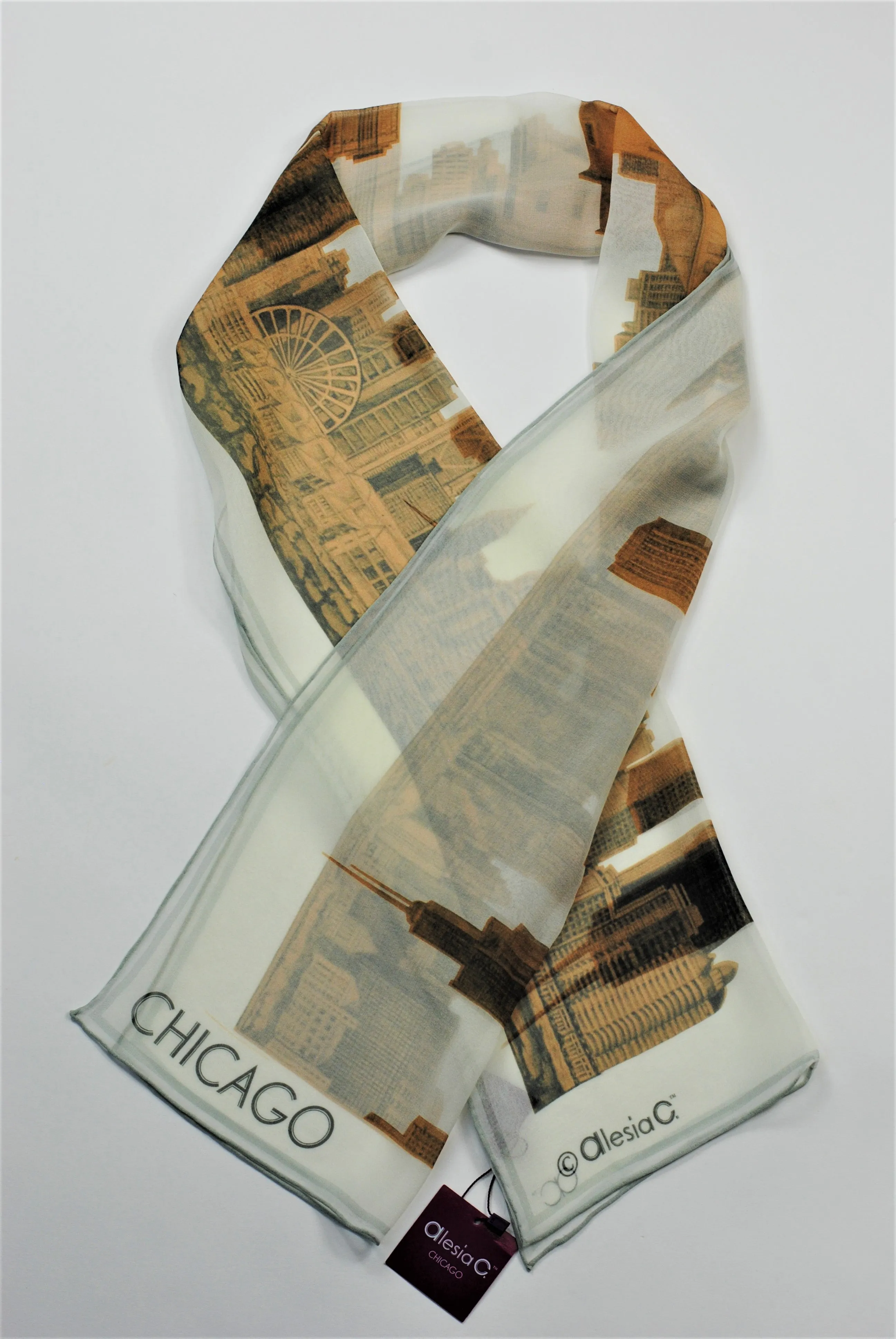 CHICAGO Skyline Designer 100% Silk Georgette Long Rectangle Scarf in Gold White