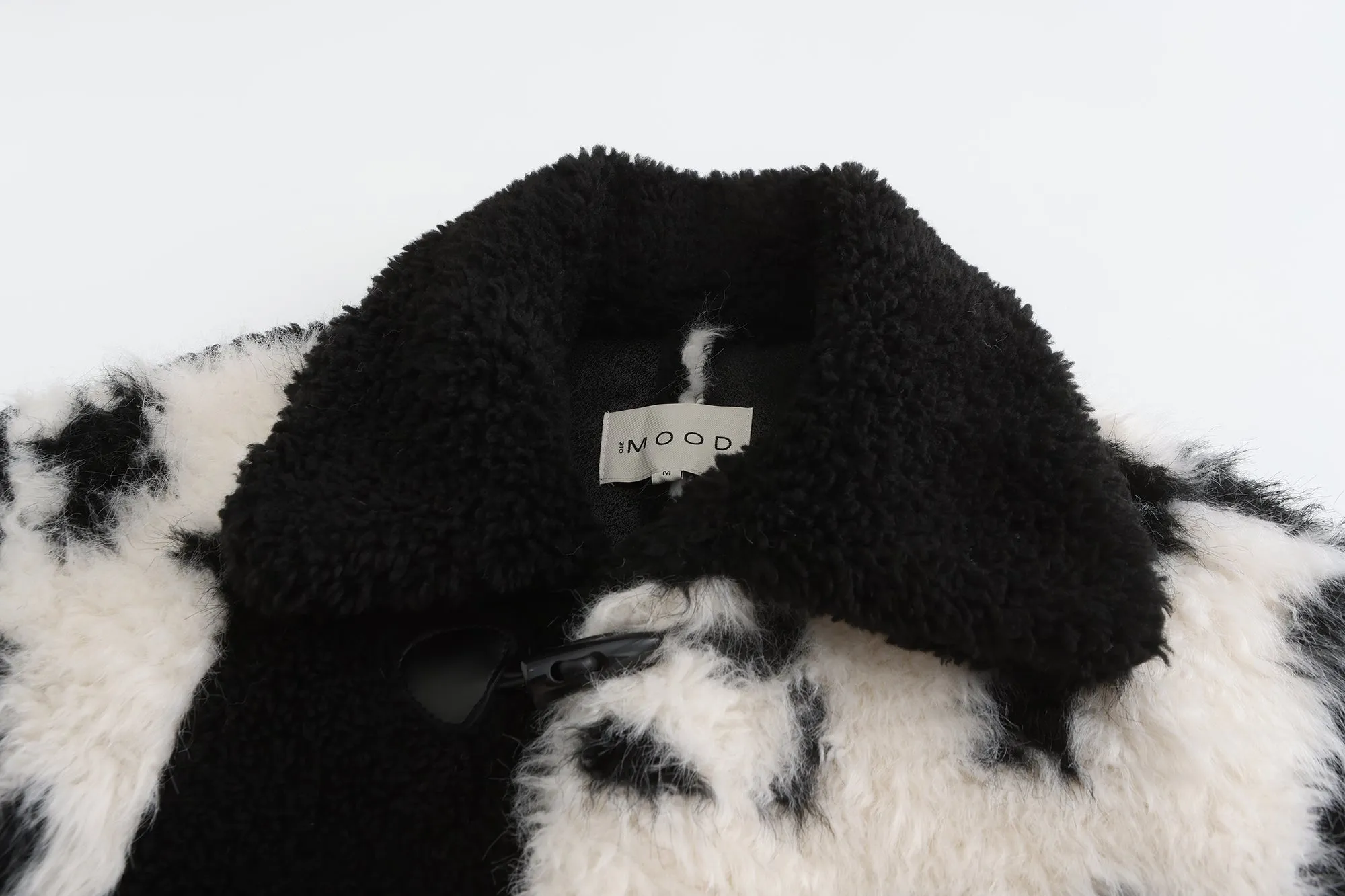 Cow Print Teddy Shearling Duffle Coat - Black