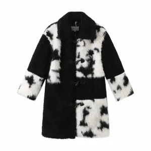 Cow Print Teddy Shearling Duffle Coat - Black