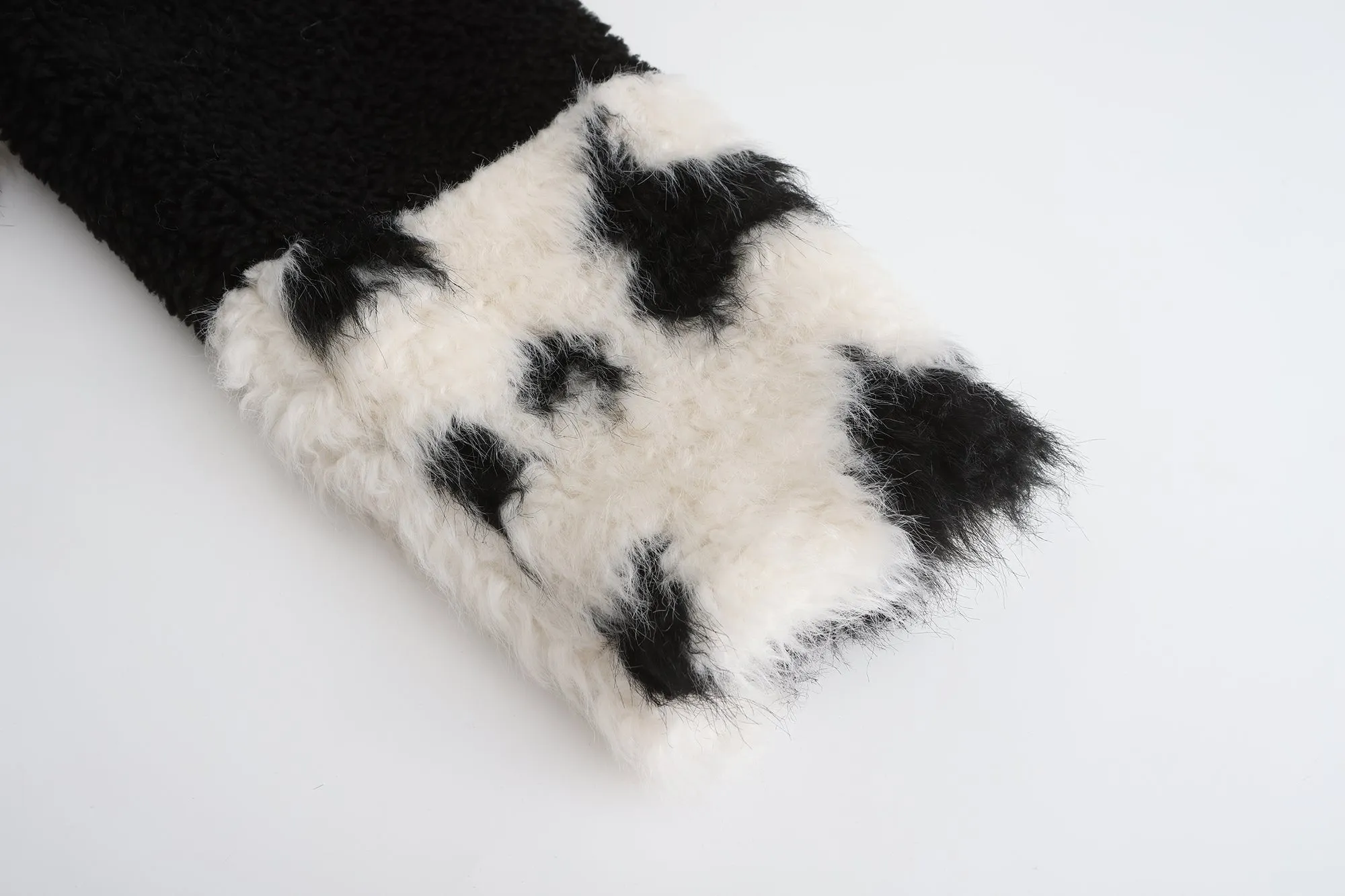 Cow Print Teddy Shearling Duffle Coat - Black