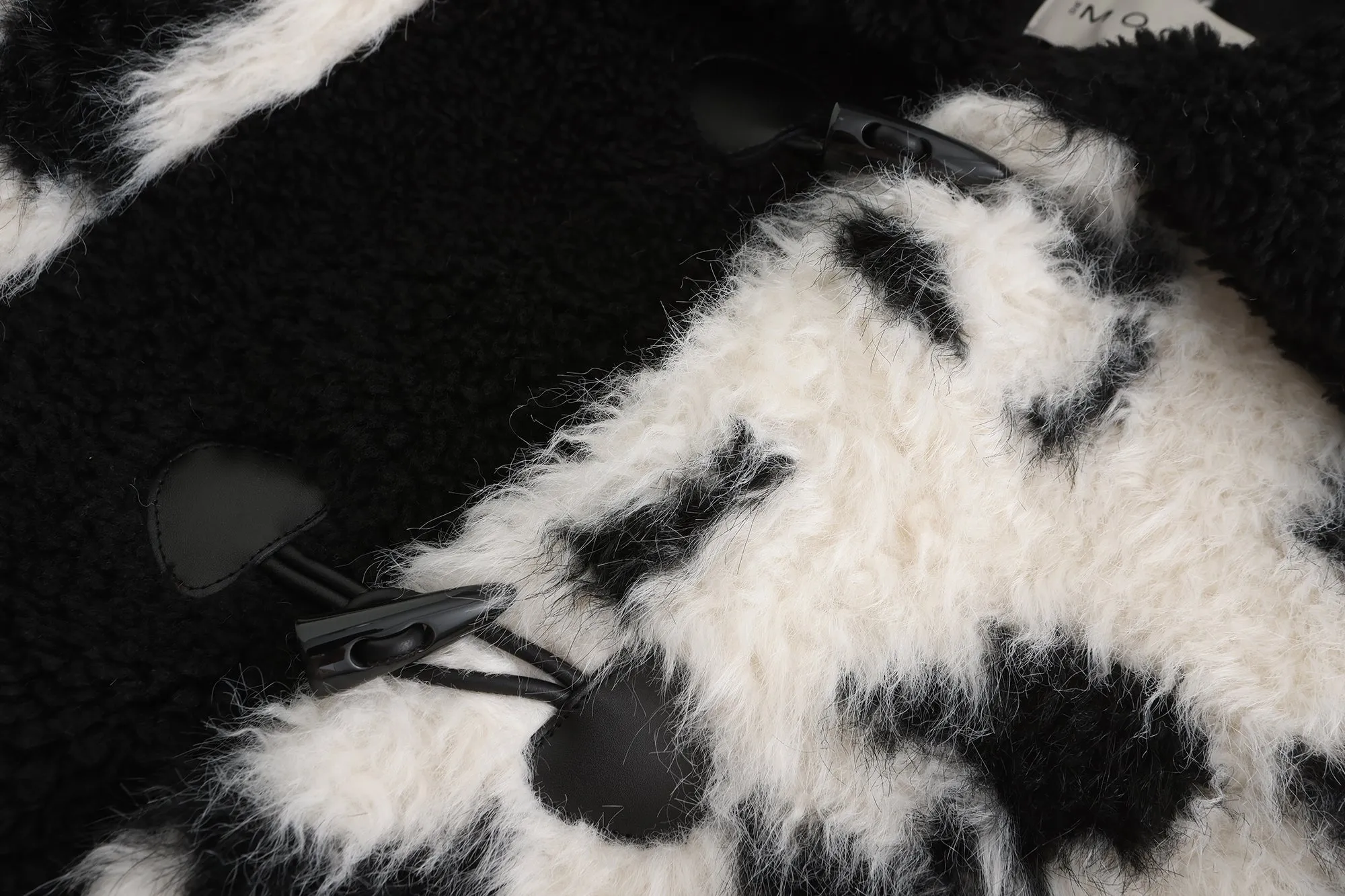 Cow Print Teddy Shearling Duffle Coat - Black