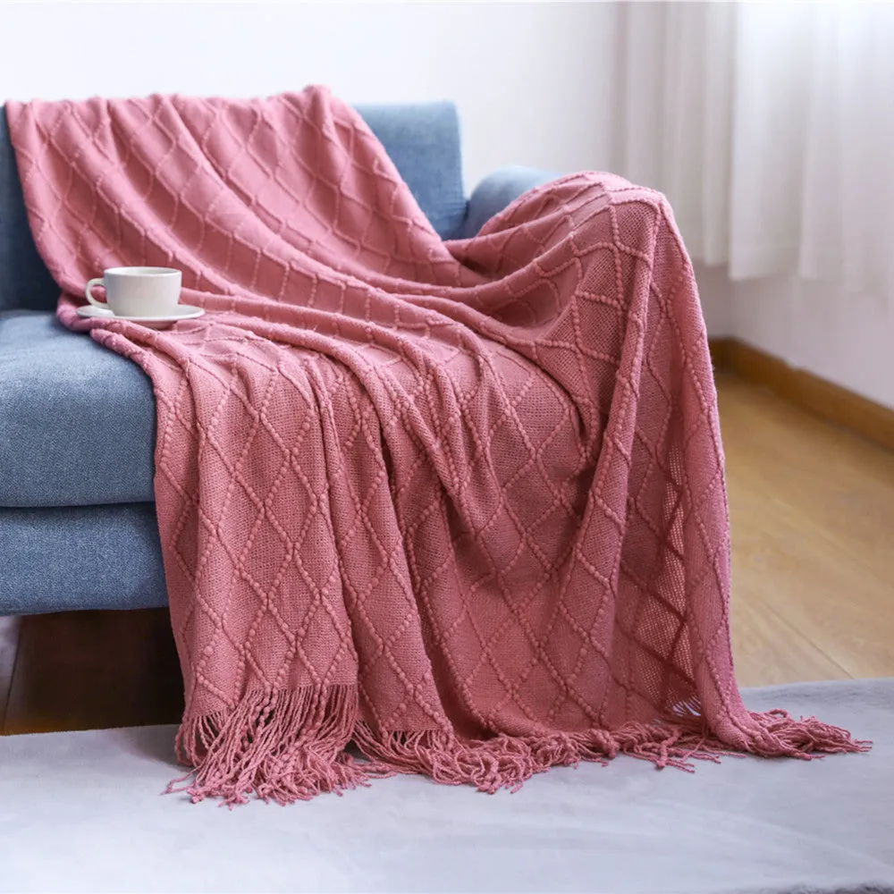 Cozy Knit Throw Blanket with Tassels Lightweight Breathable Acrylic for Sofa & Travel Comfort | YENLN06