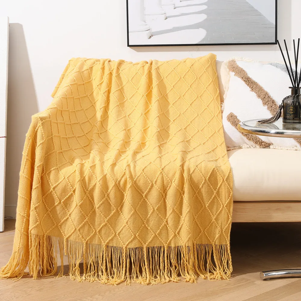 Cozy Knit Throw Blanket with Tassels Lightweight Breathable Acrylic for Sofa & Travel Comfort | YENLN06