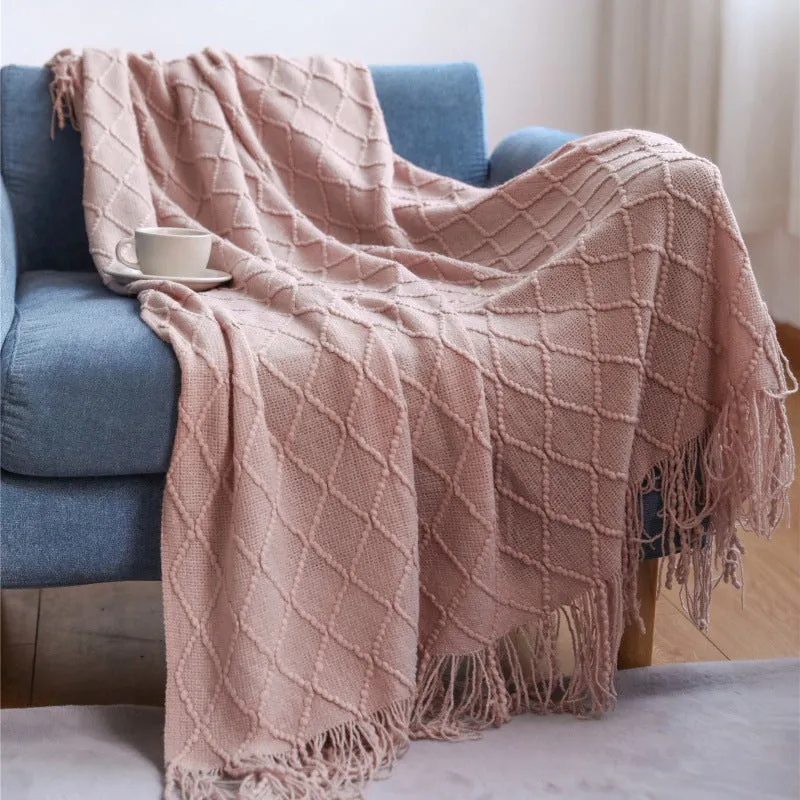 Cozy Knit Throw Blanket with Tassels Lightweight Breathable Acrylic for Sofa & Travel Comfort | YENLN06