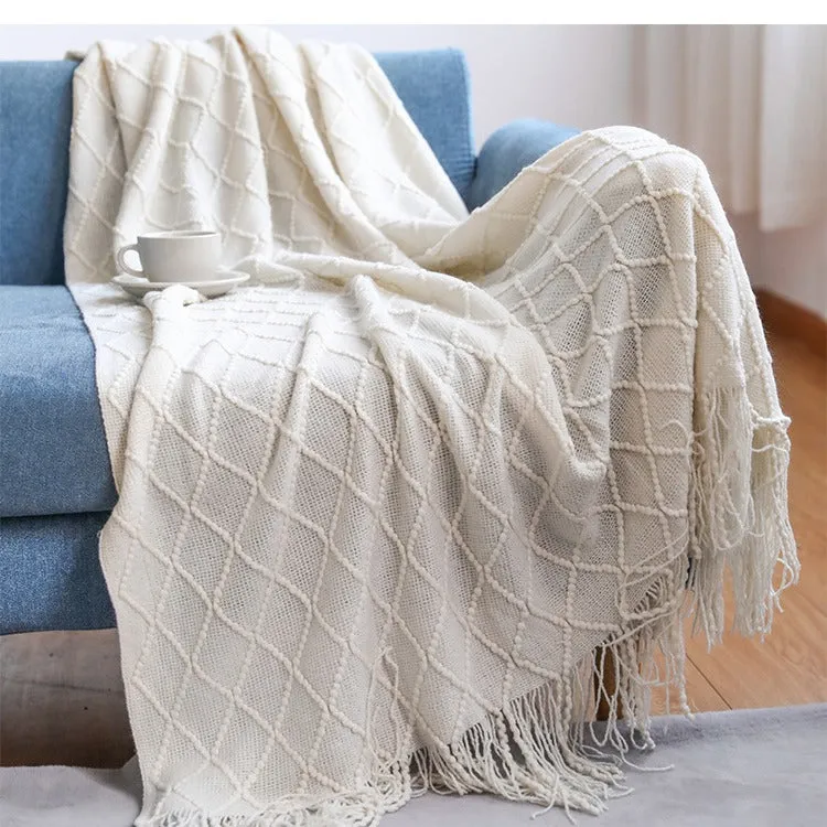 Cozy Knit Throw Blanket with Tassels Lightweight Breathable Acrylic for Sofa & Travel Comfort | YENLN06