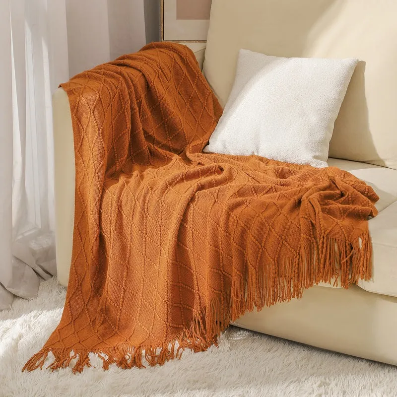 Cozy Knit Throw Blanket with Tassels Lightweight Breathable Acrylic for Sofa & Travel Comfort | YENLN06