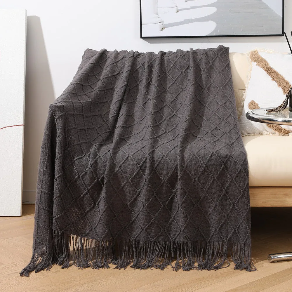 Cozy Knit Throw Blanket with Tassels Lightweight Breathable Acrylic for Sofa & Travel Comfort | YENLN06