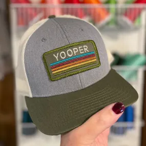 Custom Embroidered Retro Vibes Patched Trucker Hat - Olive and Gray