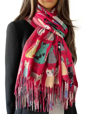 DARK RED CAT PRINT LONG LIGHTWEIGHT SCARF