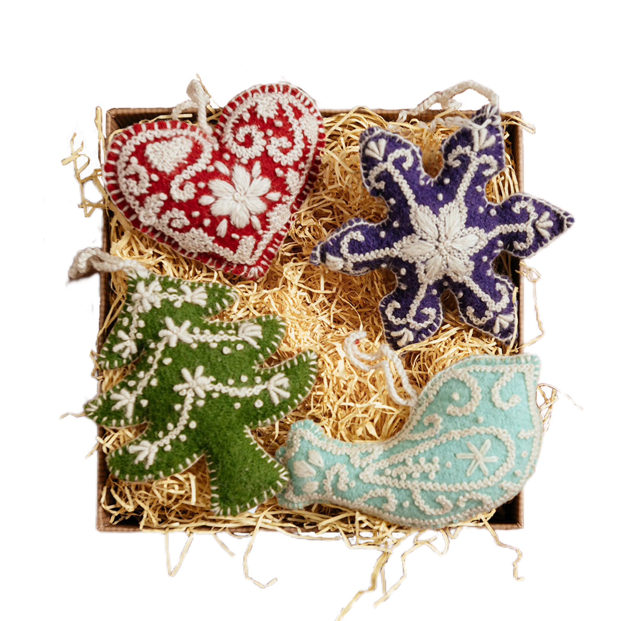 Embroidered Wool Ornaments - Set of 4