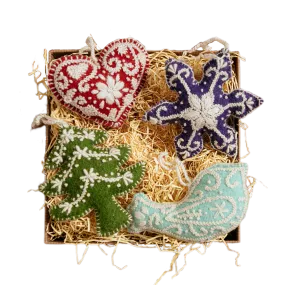 Embroidered Wool Ornaments - Set of 4