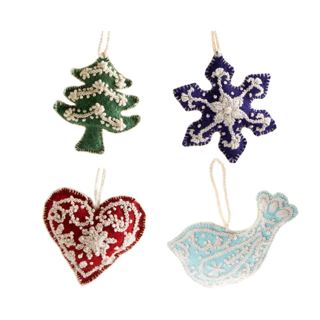 Embroidered Wool Ornaments - Set of 4